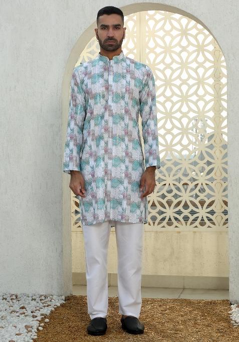Multi Geometric Cotton Kurta For Men