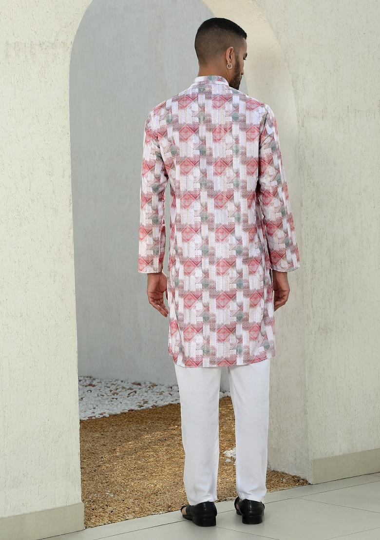 Multi Geometric Cotton Kurta For Men