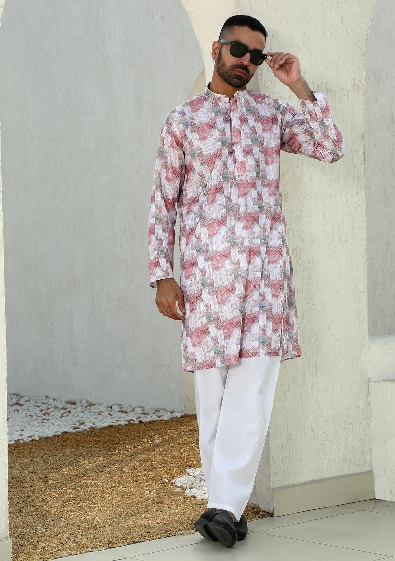 Multi Geometric Cotton Kurta For Men