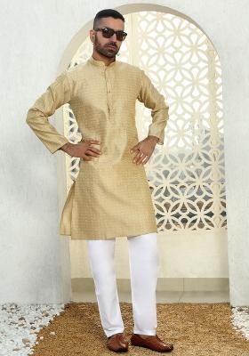 Beige Ethnic Motif Silk Blend Kurta For Men