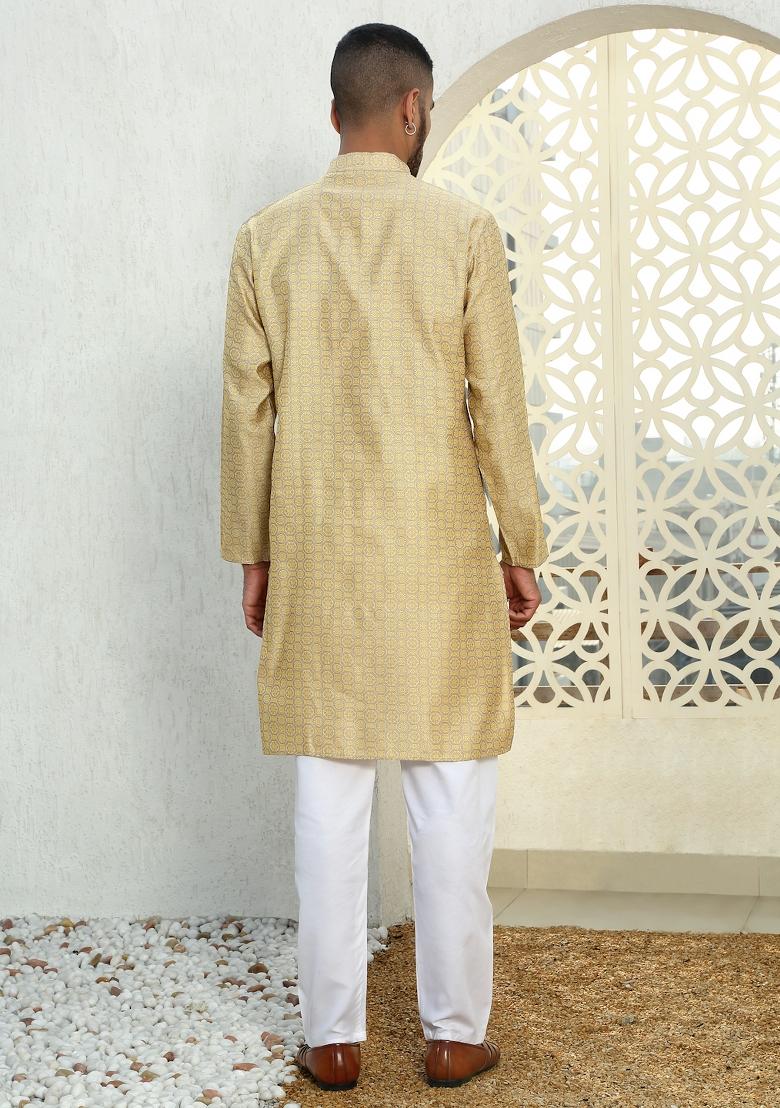 Beige Ethnic Motif Silk Blend Kurta For Men