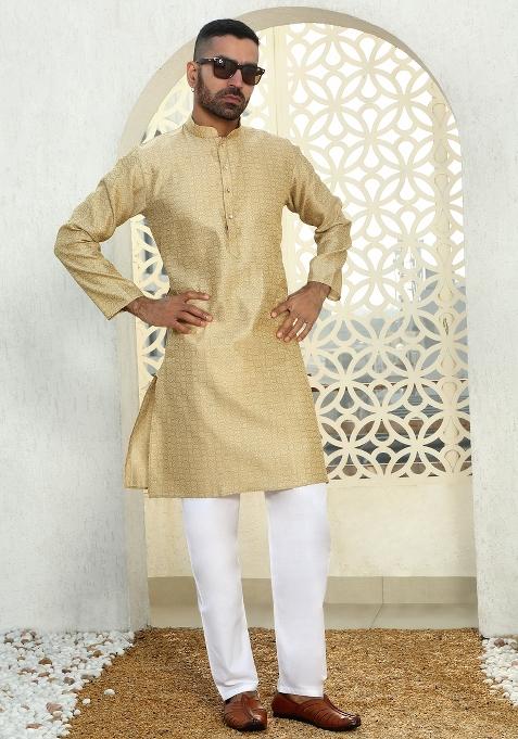 Beige Ethnic Motif Silk Blend Kurta For Men