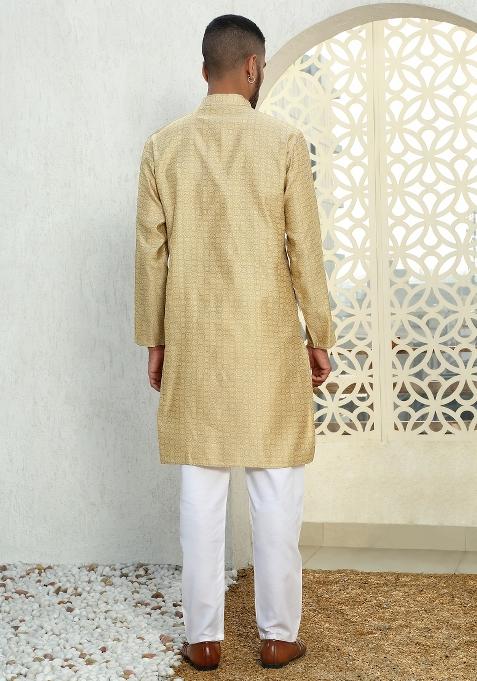 Beige Ethnic Motif Silk Blend Kurta For Men