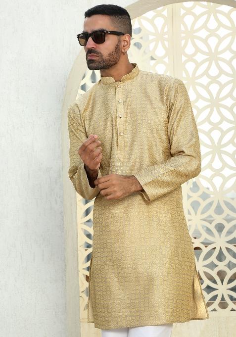 Beige Ethnic Motif Silk Blend Kurta For Men
