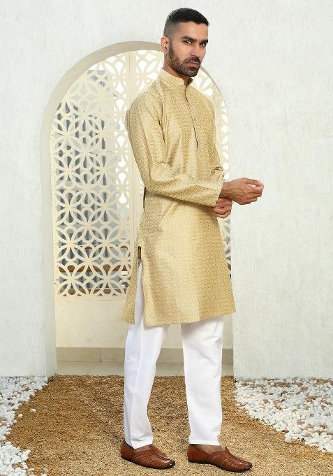 Beige Ethnic Motif Silk Blend Kurta For Men