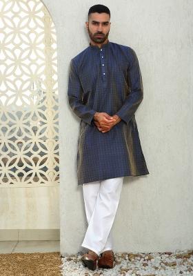 Blue Ethnic Motif Silk Blend Kurta For Men