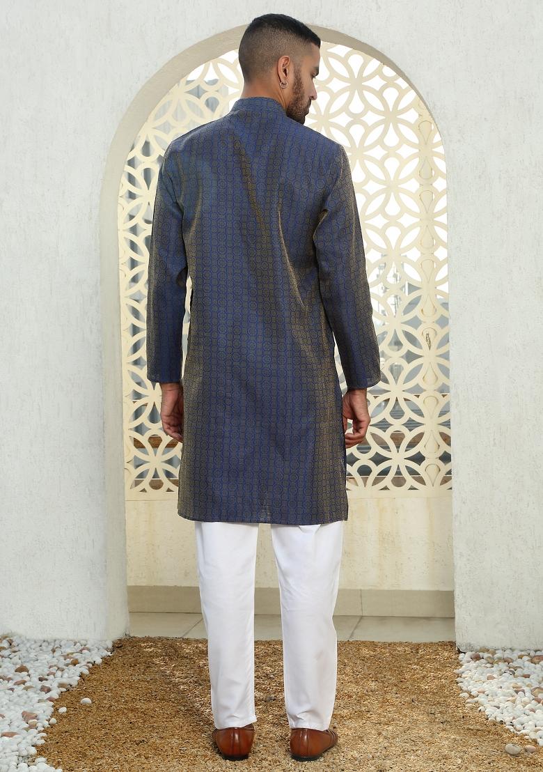Blue Ethnic Motif Silk Blend Kurta For Men