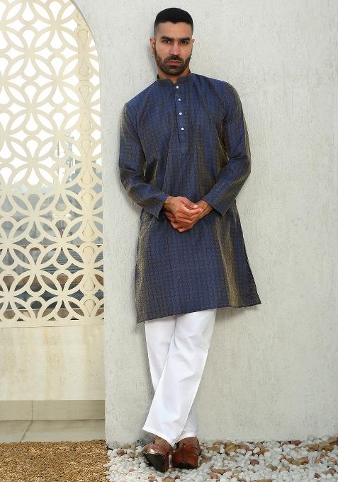 Blue Ethnic Motif Silk Blend Kurta For Men