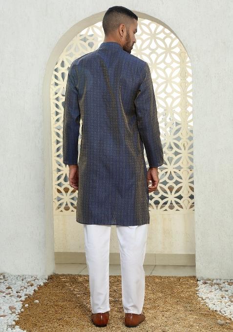 Blue Ethnic Motif Silk Blend Kurta For Men