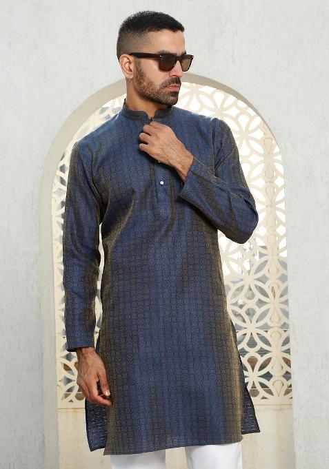 Blue Ethnic Motif Silk Blend Kurta For Men