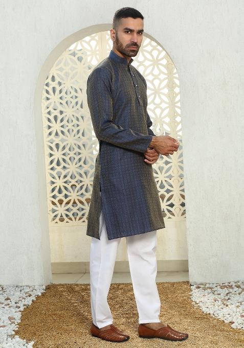 Blue Ethnic Motif Silk Blend Kurta For Men