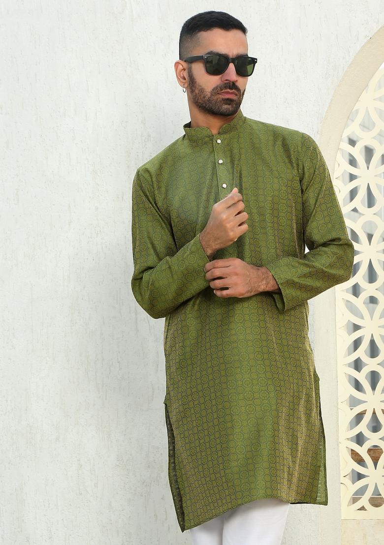 Green Ethnic Motif Silk Blend Kurta For Men