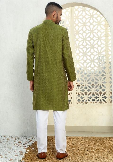 Green Ethnic Motif Silk Blend Kurta For Men
