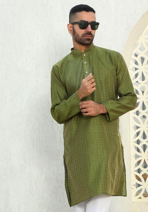 Green Ethnic Motif Silk Blend Kurta For Men