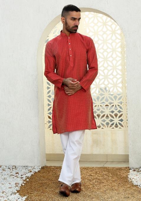Maroon Ethnic Motif Silk Blend Kurta For Men