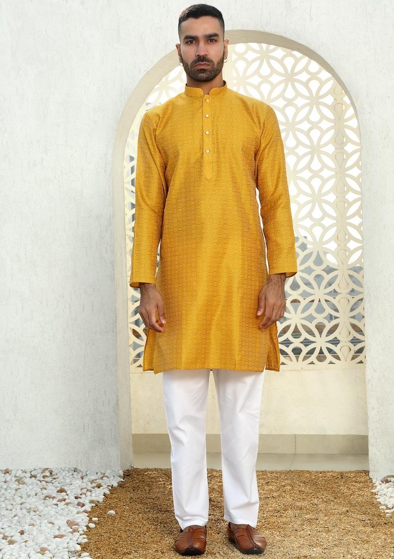 Mustard Yellow Ethnic Motif Silk Blend Kurta For Men