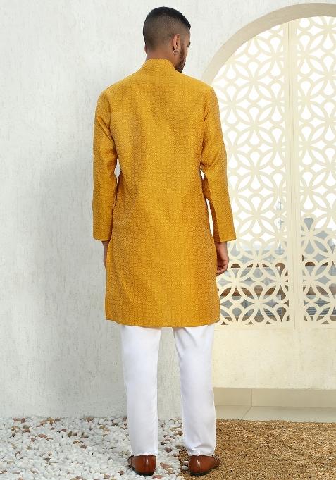Mustard Yellow Ethnic Motif Silk Blend Kurta For Men