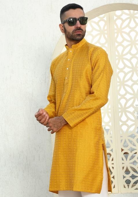 Mustard Yellow Ethnic Motif Silk Blend Kurta For Men