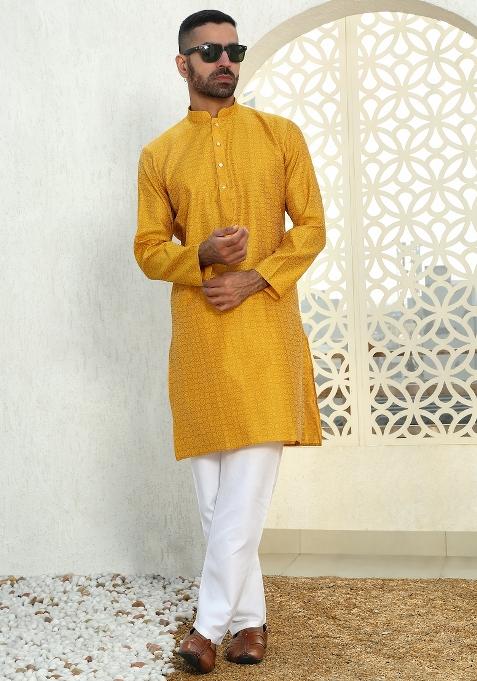 Mustard Yellow Ethnic Motif Silk Blend Kurta For Men