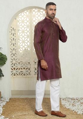 Purple Geometric Silk Blend Kurta For Men
