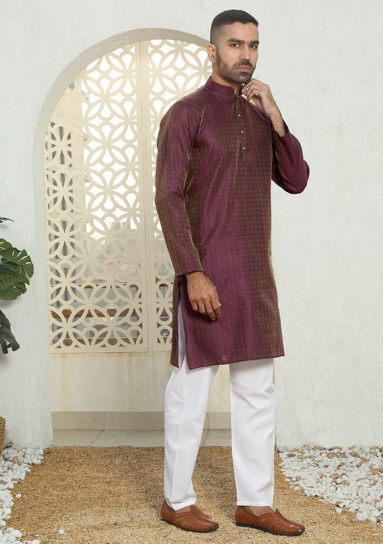 Purple Geometric Silk Blend Kurta For Men - Indya