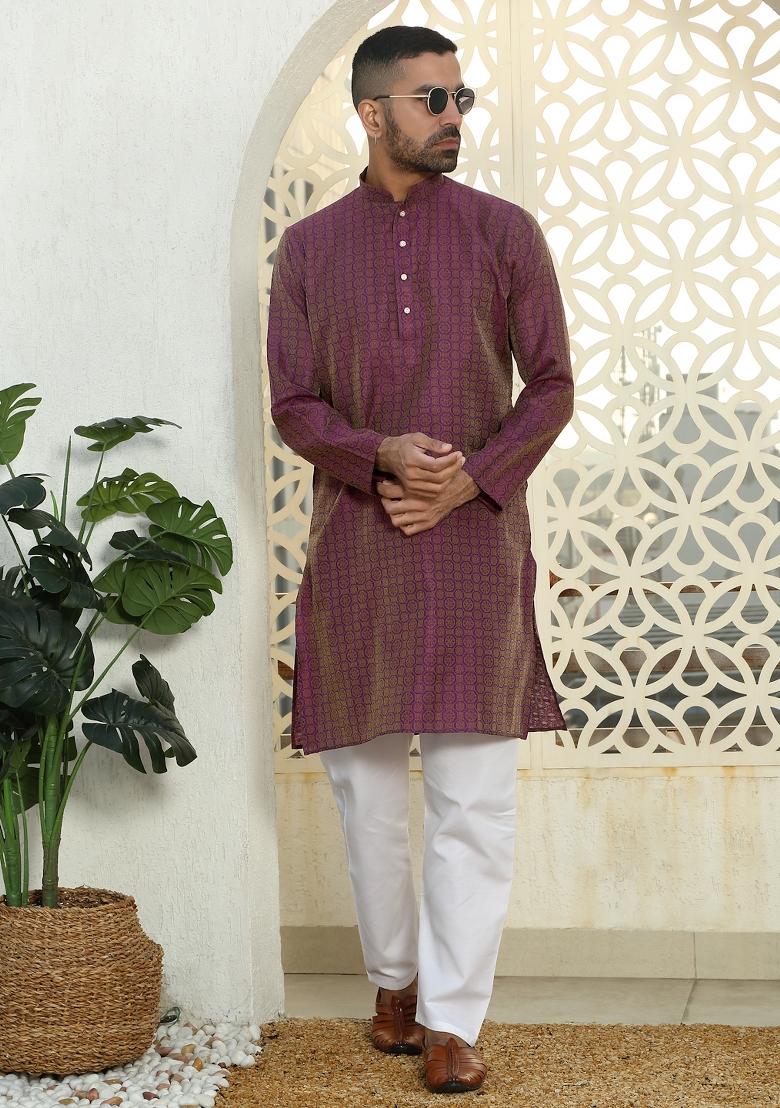 Purple Geometric Silk Blend Kurta For Men