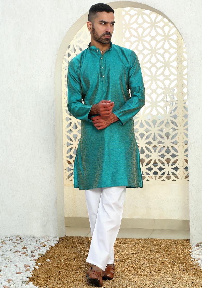 Turquoise Blue Geometric Silk Blend Kurta For Men