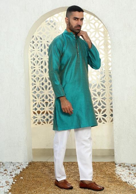 Turquoise Blue Geometric Silk Blend Kurta For Men