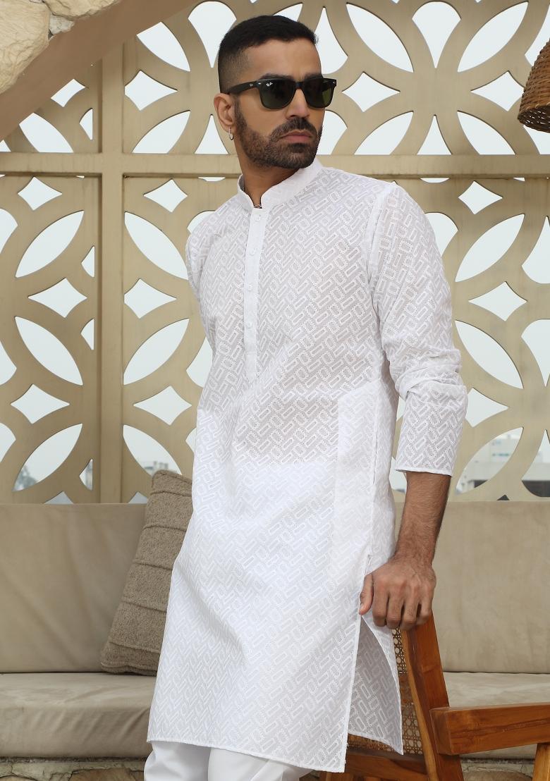 White Chikan Embroided Cotton Kurta For Men