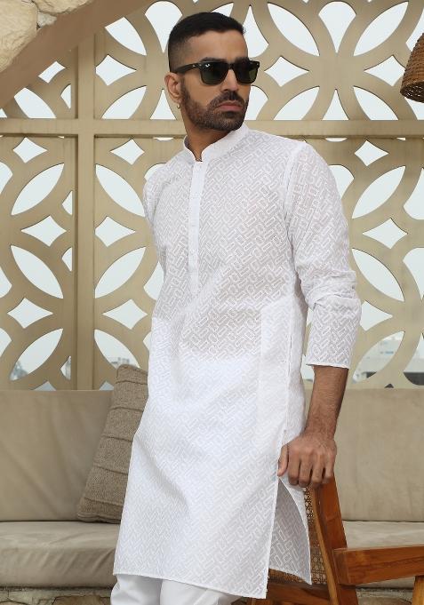 White Chikan Embroided Cotton Kurta For Men