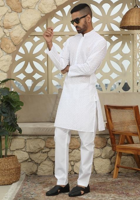 White Chikan Embroided Cotton Kurta For Men
