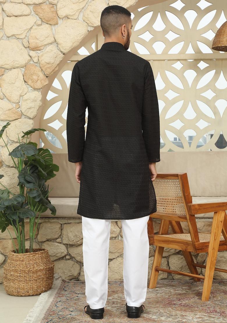 Black Chikan Embroided Cotton Kurta For Men