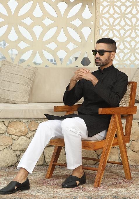 Black Chikan Embroided Cotton Kurta For Men