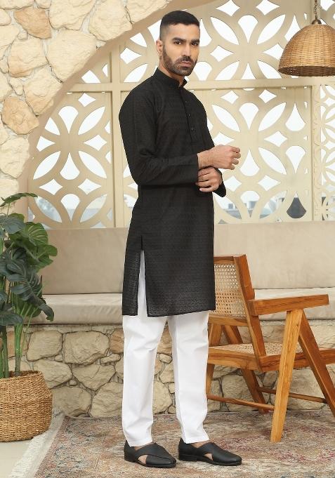 Black Chikan Embroided Cotton Kurta For Men
