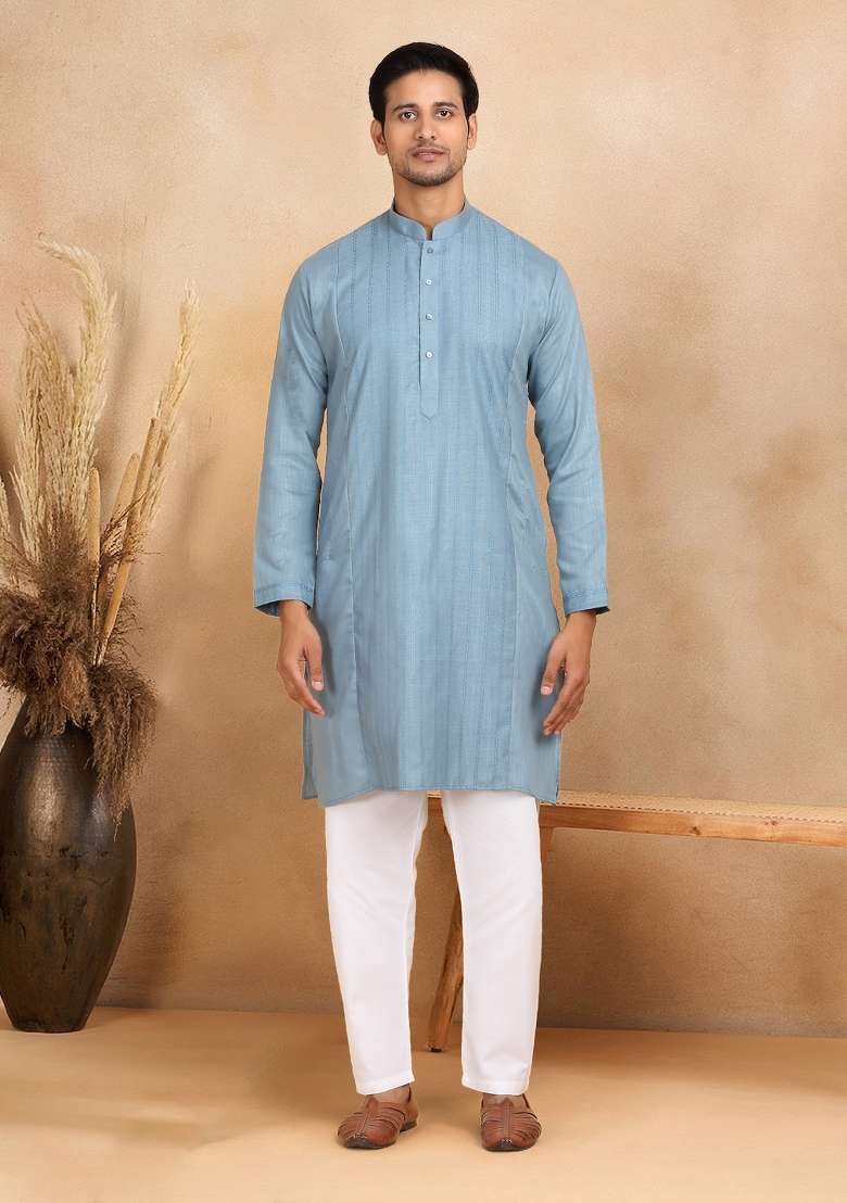 Blue Striped Cotton Kurta For Men - Indya