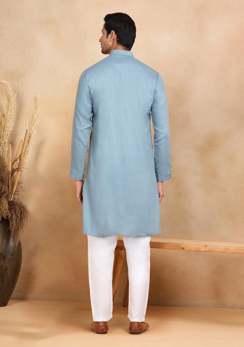 Blue Striped Cotton Kurta For Men