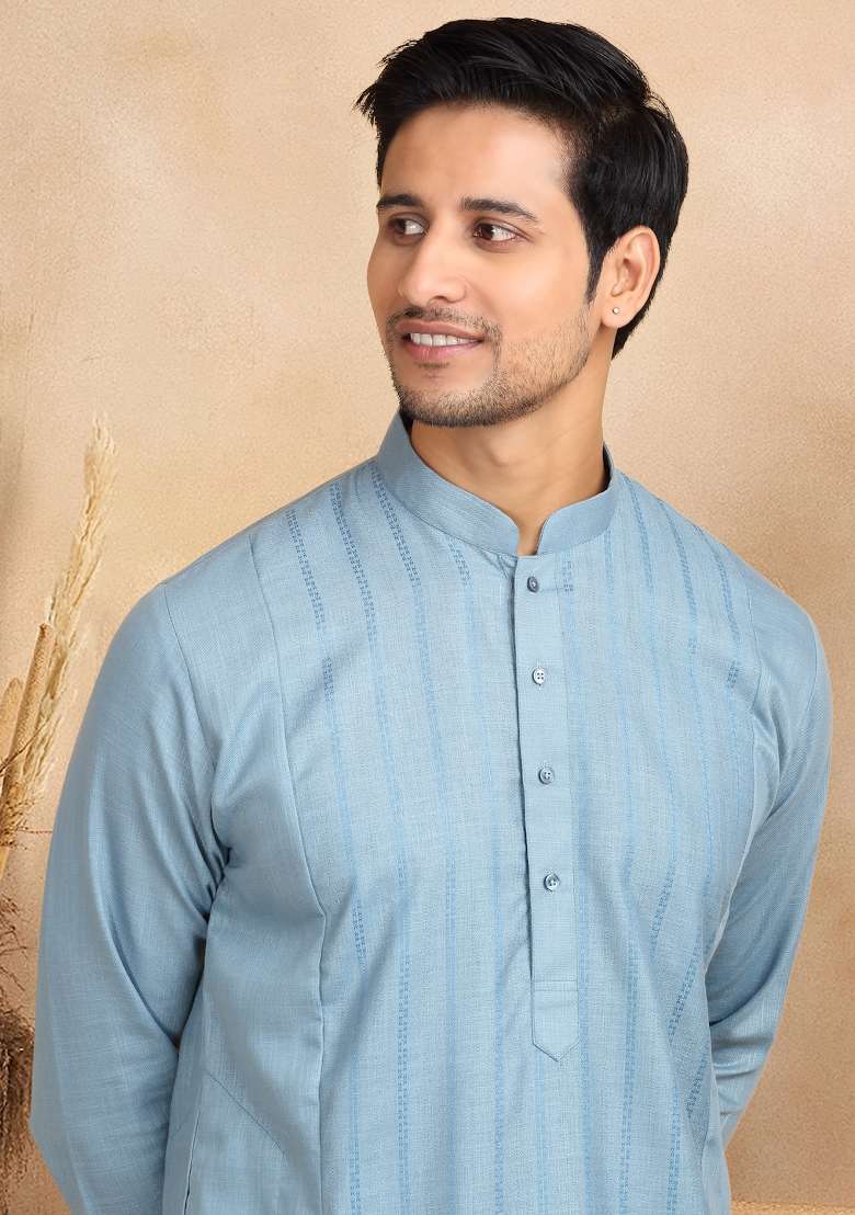Blue Striped Cotton Kurta For Men - Indya