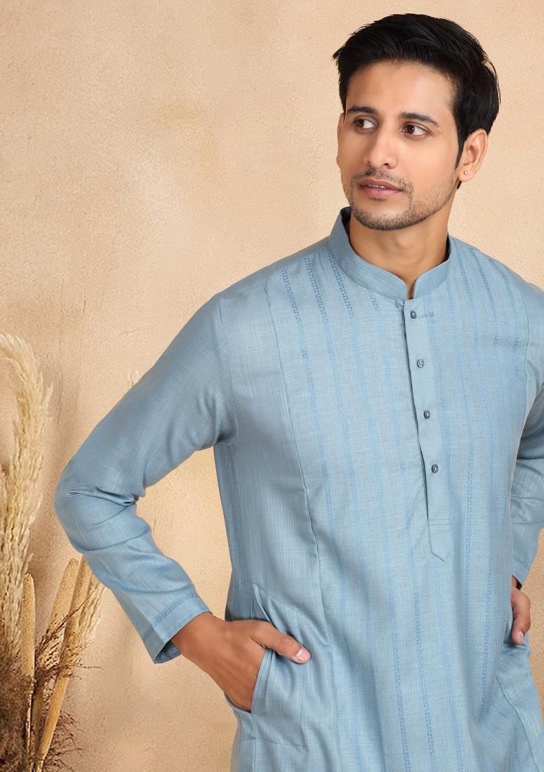 Blue Striped Cotton Kurta For Men