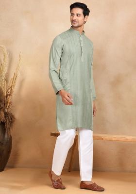 Green Striped Cotton Kurta For Men