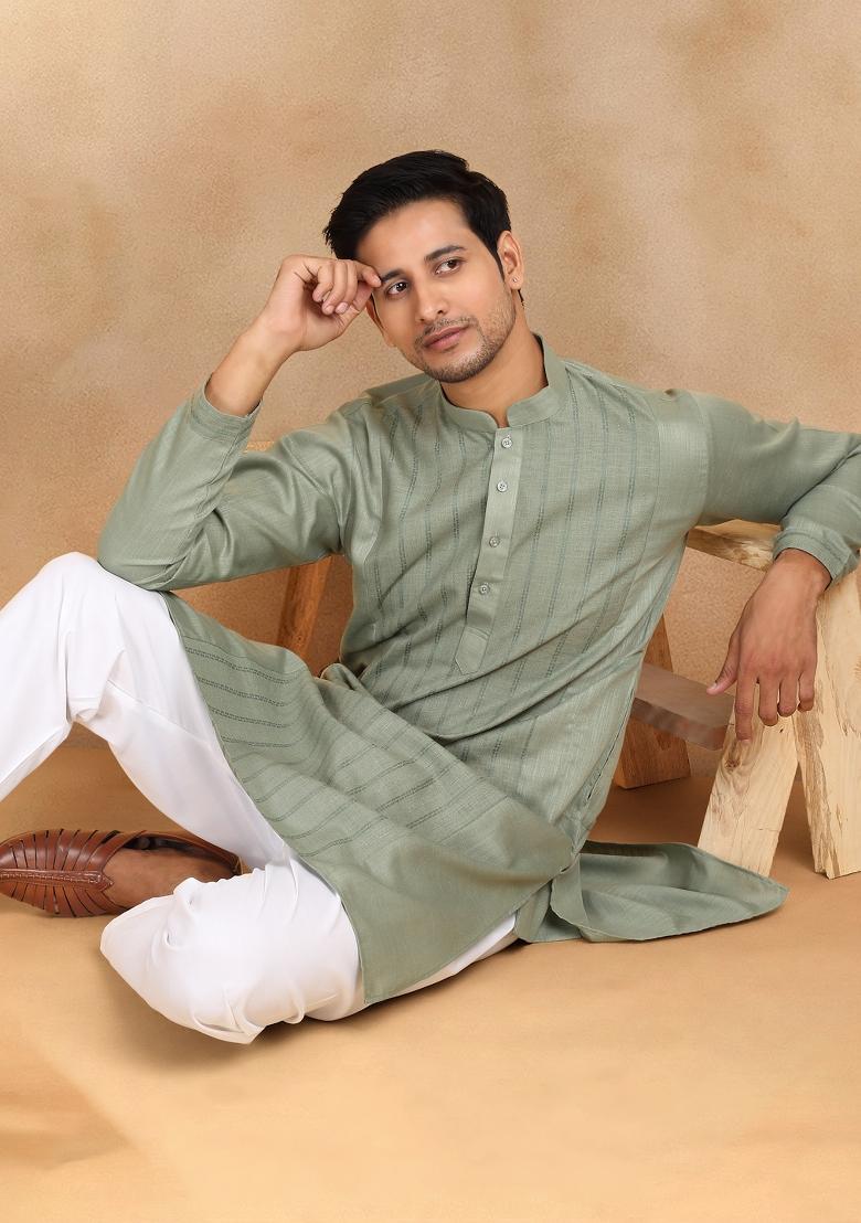 Green Striped Cotton Kurta For Men