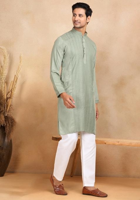 Green Striped Cotton Kurta For Men — view on Indya