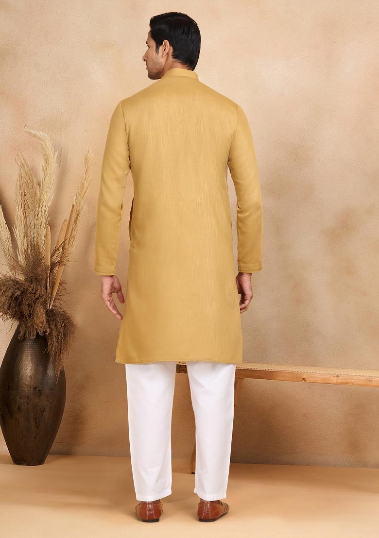 Mustard Yellow Striped Cotton Kurta For Men