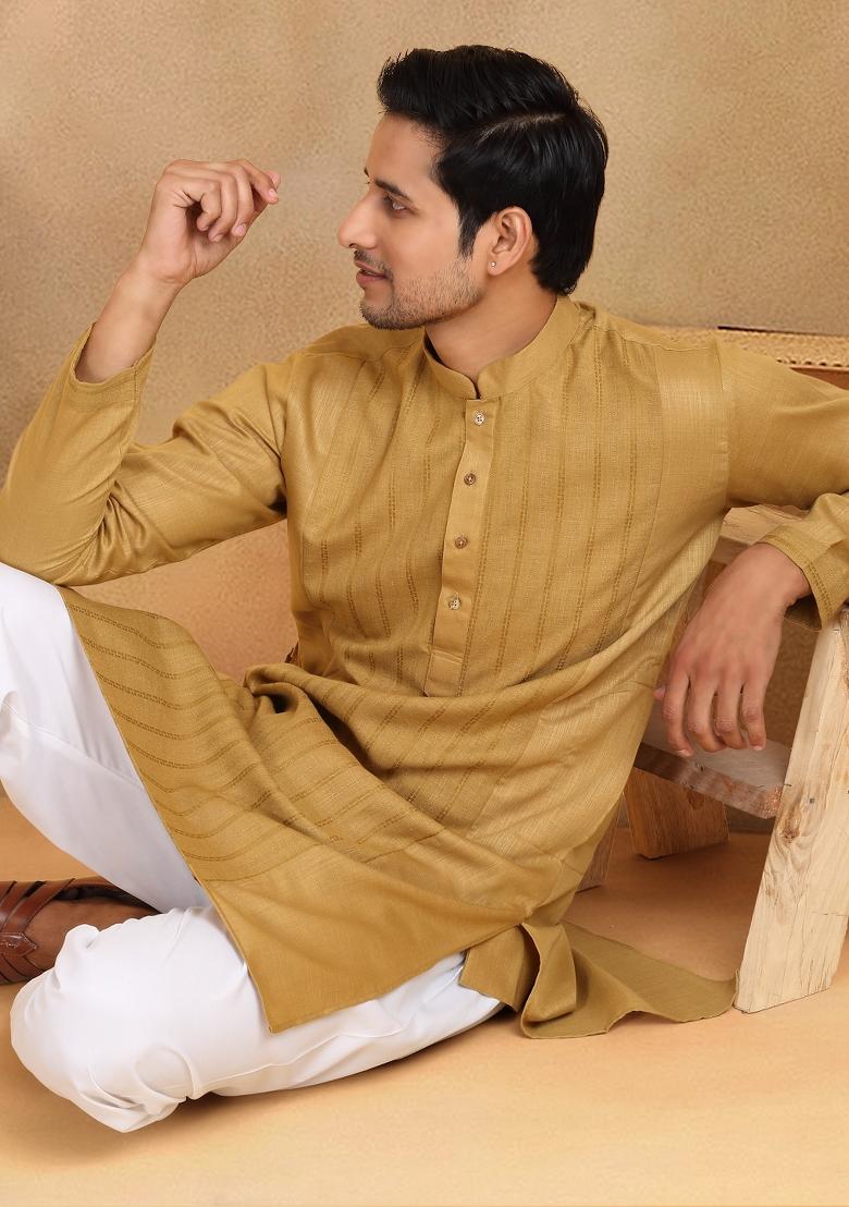 Mustard Yellow Striped Cotton Kurta For Men