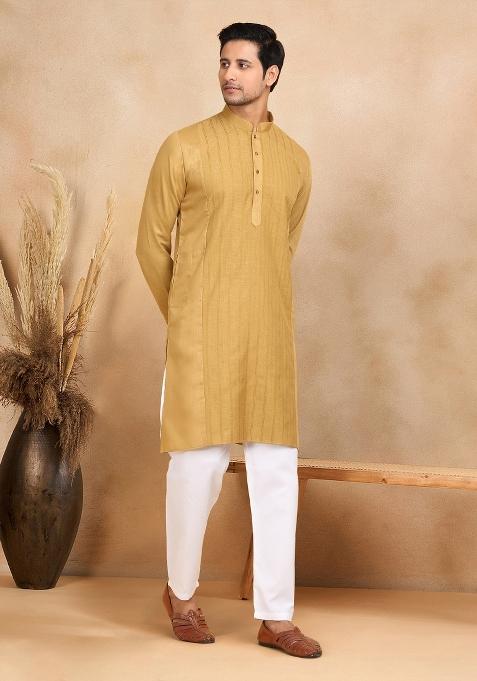 Mustard Yellow Striped Cotton Kurta For Men