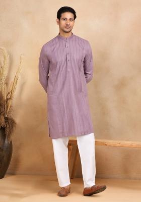 Mauve Striped Cotton Kurta For Men