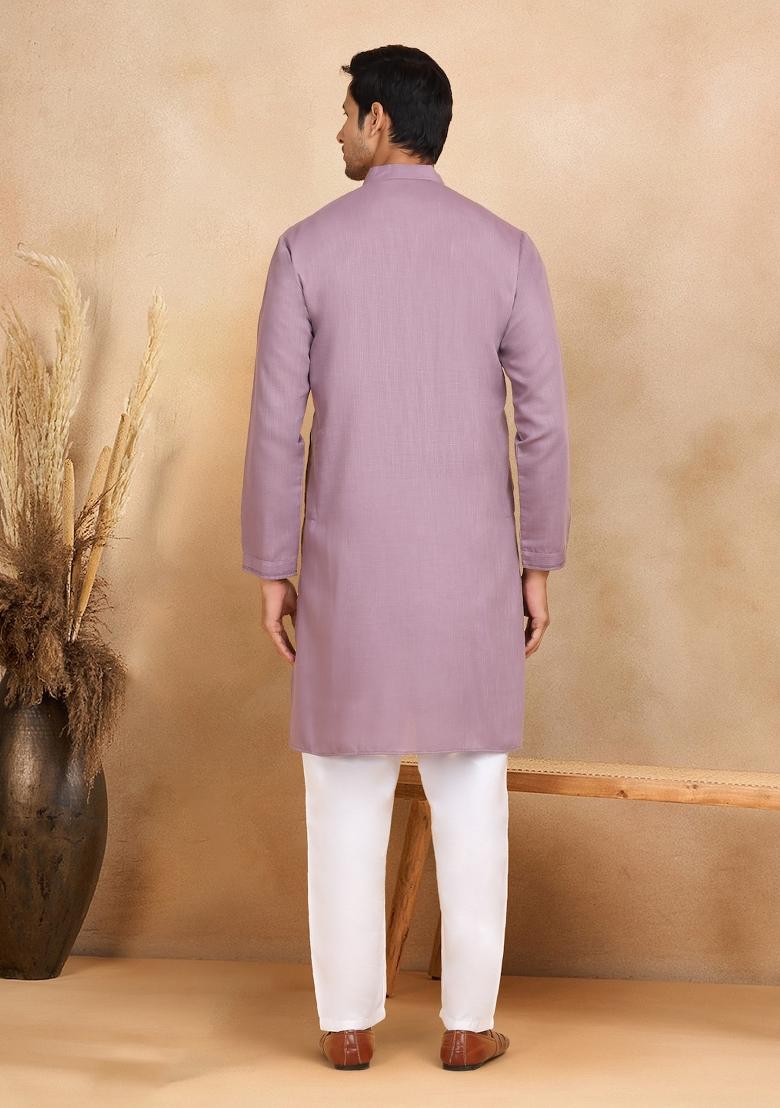 Mauve Striped Cotton Kurta For Men