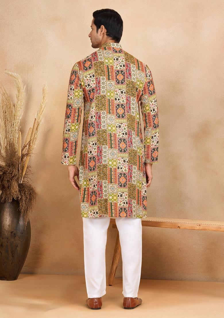 Green Ethnic Motif Rayon Silk Kurta For Men