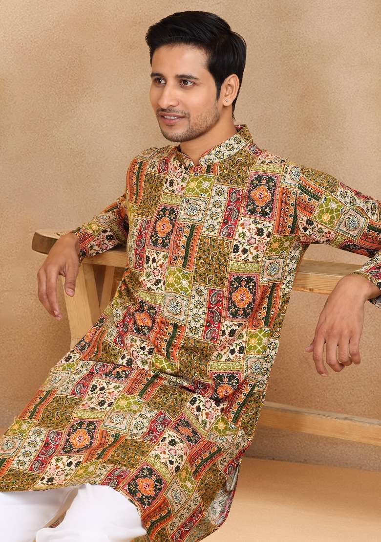 Green Ethnic Motif Rayon Silk Kurta For Men - Indya