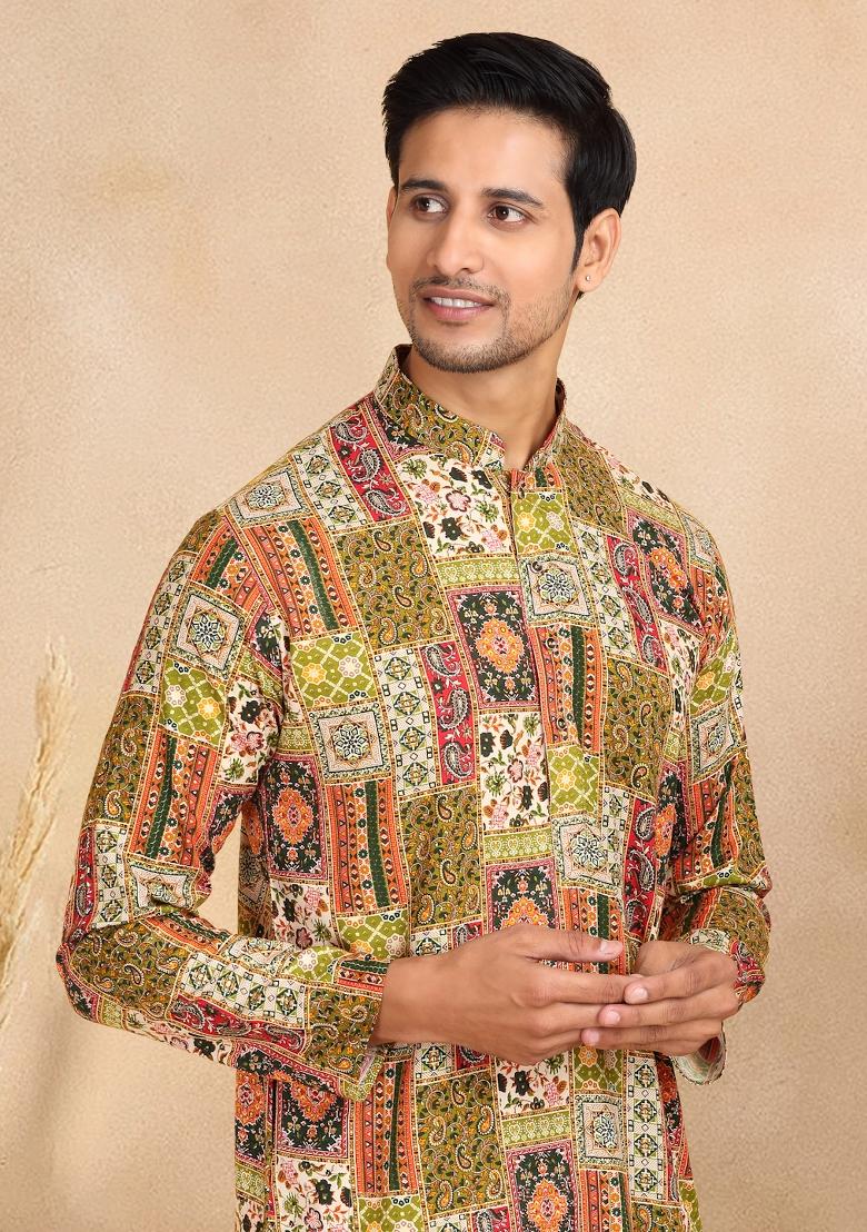 Green Ethnic Motif Rayon Silk Kurta For Men