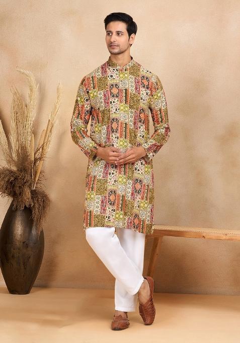Green Ethnic Motif Rayon Silk Kurta For Men — view on Indya